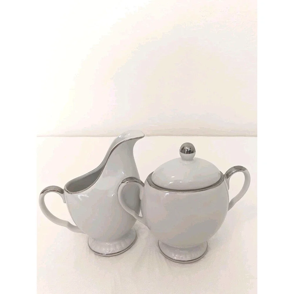Norcrest Fine China GW-17 Sugar Bowl Lid & Creamer Set Wheat Gold Platinum Trim